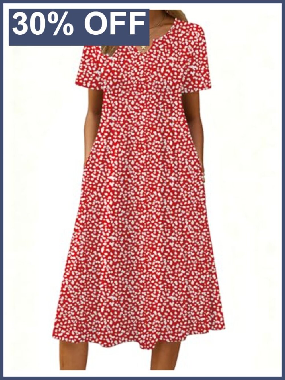 Casual Short Sleeve A-Line Midi Dress with Pockets Flowy Pleated Summer